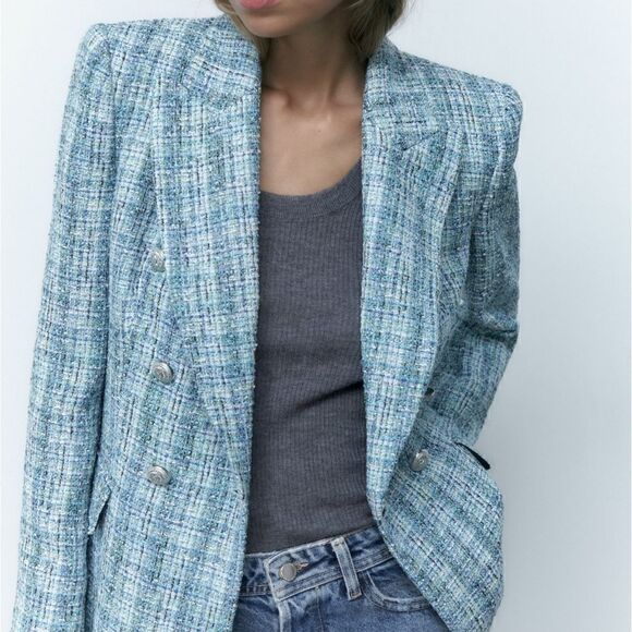 ZARA BLOGGERS FAV textured double blazer check tweed blue metallic chanelish s - Picture 6 of 9